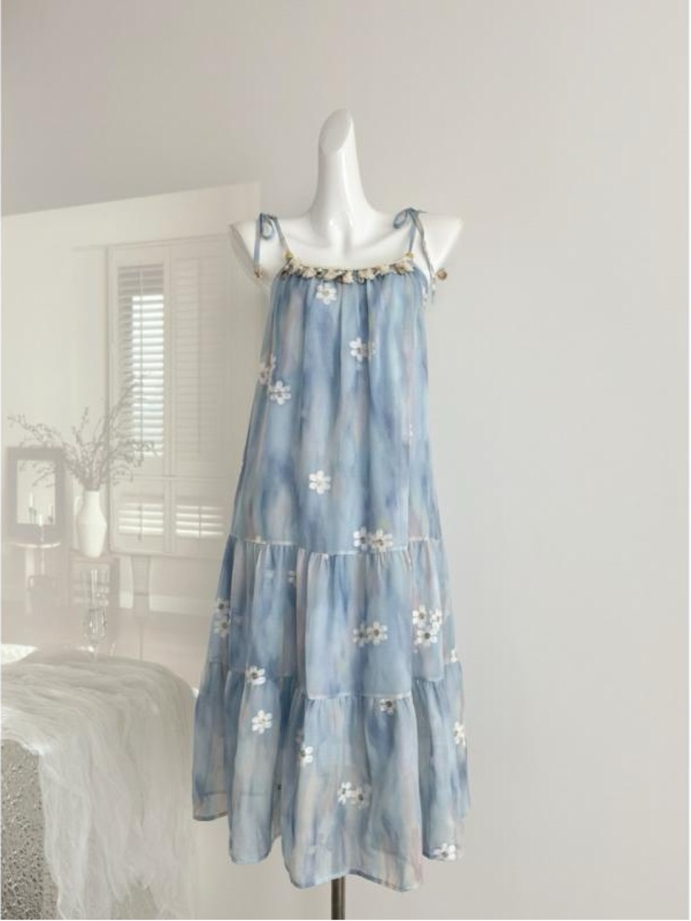 Blue Floral Tie-Shoulder Tiered Sundress